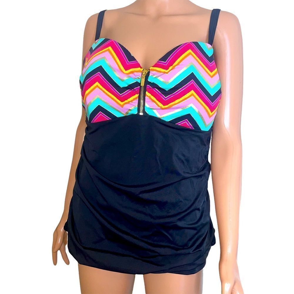 CITY CHIC one piece zip front padded swimsuit SZ M oversized tankini TOP.